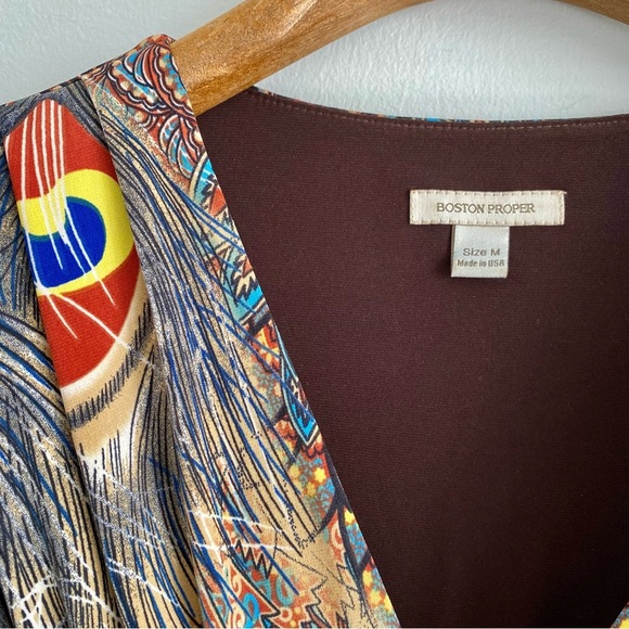 Boston Proper Peacock Feather Print Belted Long Sleeve Top Size Medium - Picture 3 of 5